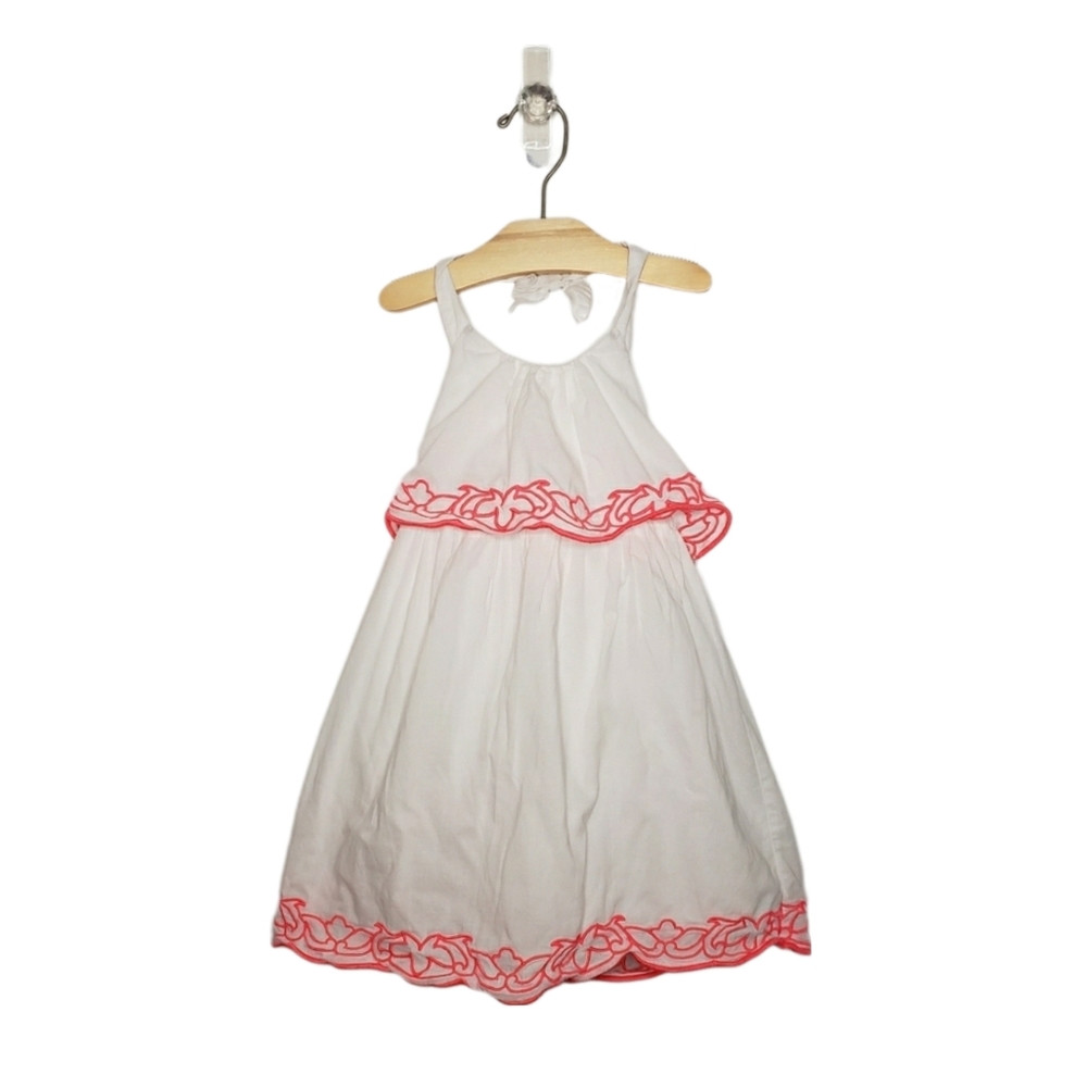 Janie and Jack 4 Toddler Girl White Neon Pink Embroidered Trim Halter Dress